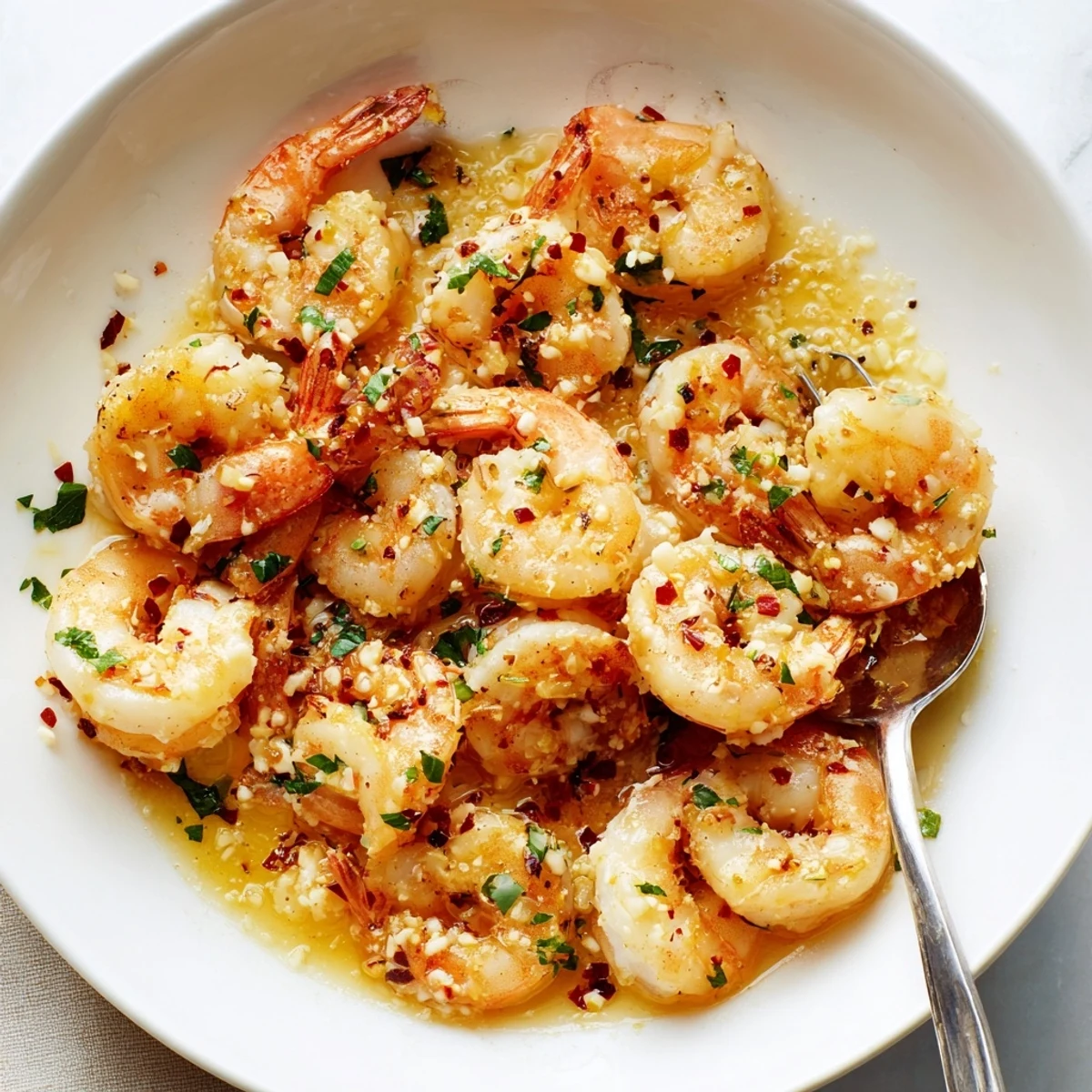 Juicy shrimp coated in garlic butter and parmesan cheese garnished with fresh parsley