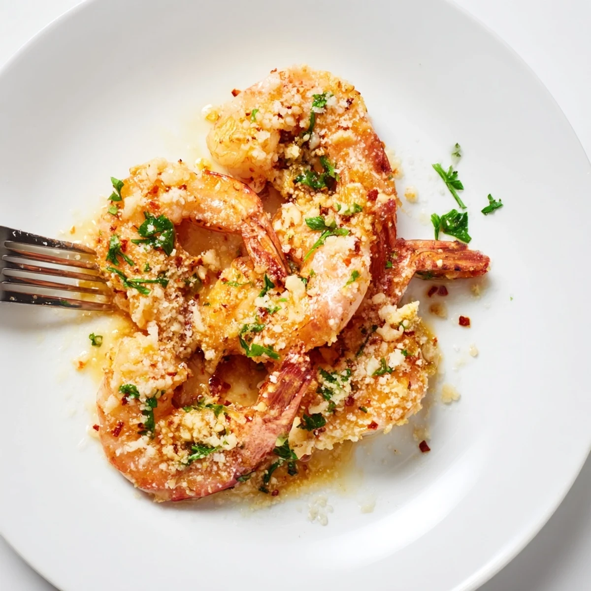 Restaurant-style garlic parmesan shrimp skillet served with lemon wedges and herb topping