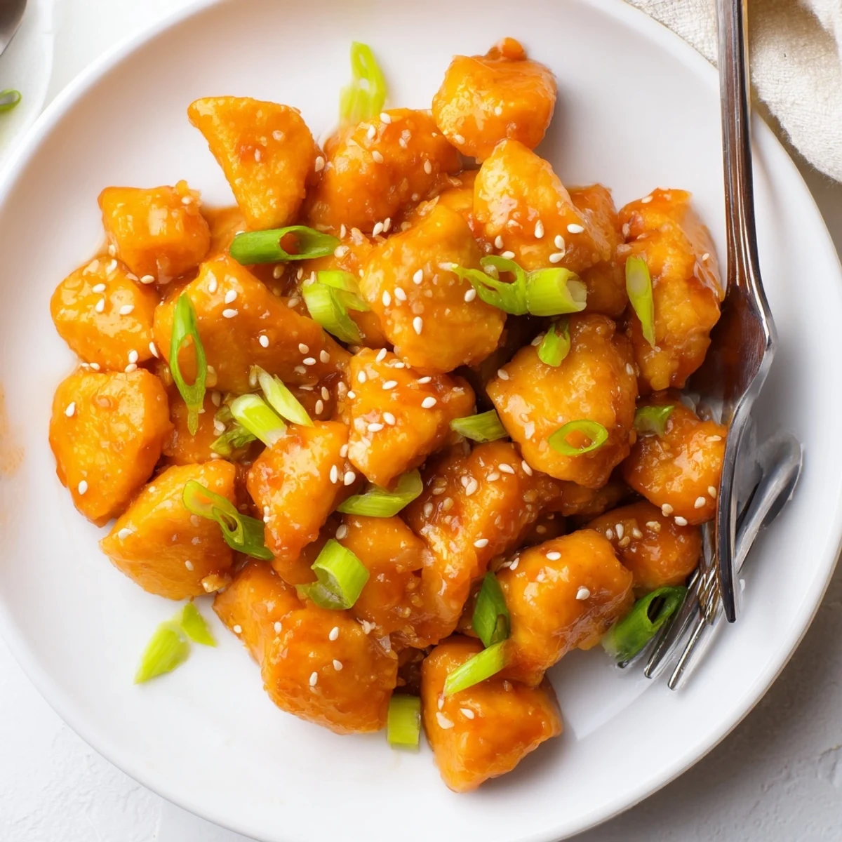 Golden baked orange chicken pieces coated in glossy sweet citrus sauce garnished with green onions and sesame seeds