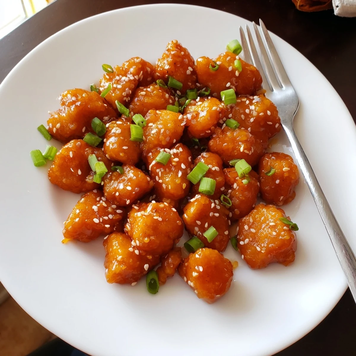 Healthier baked orange chicken featuring juicy tender bites swimming in thick zesty orange sauce with sesame sprinkle