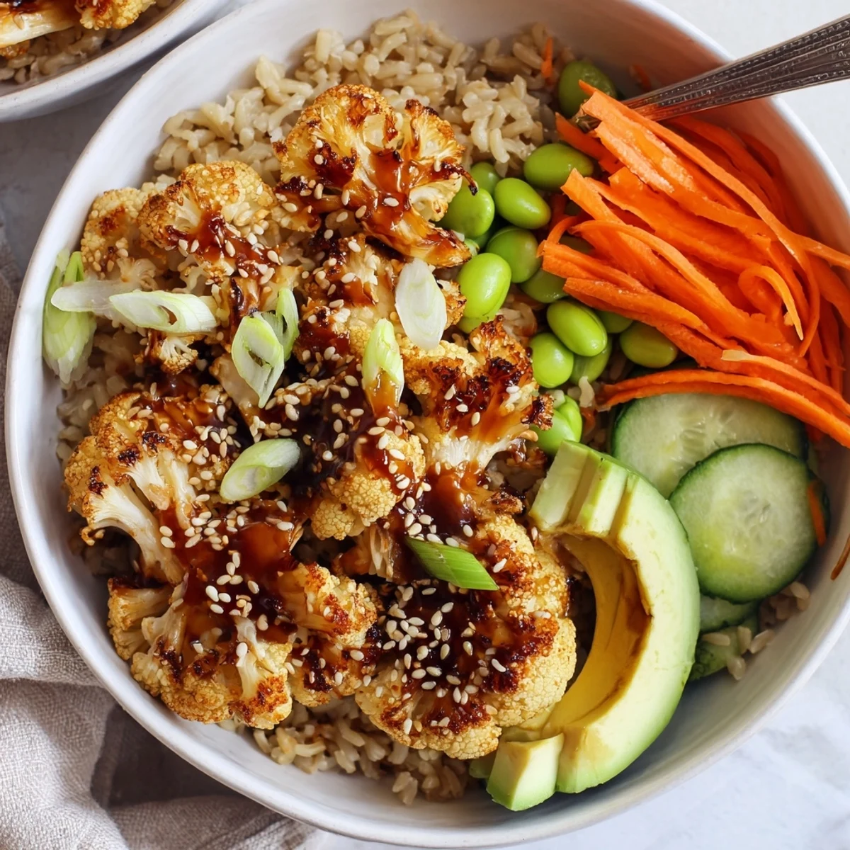 Teriyaki Cauliflower Power Bowls with glossy sauce, crispy roasted florets over rice