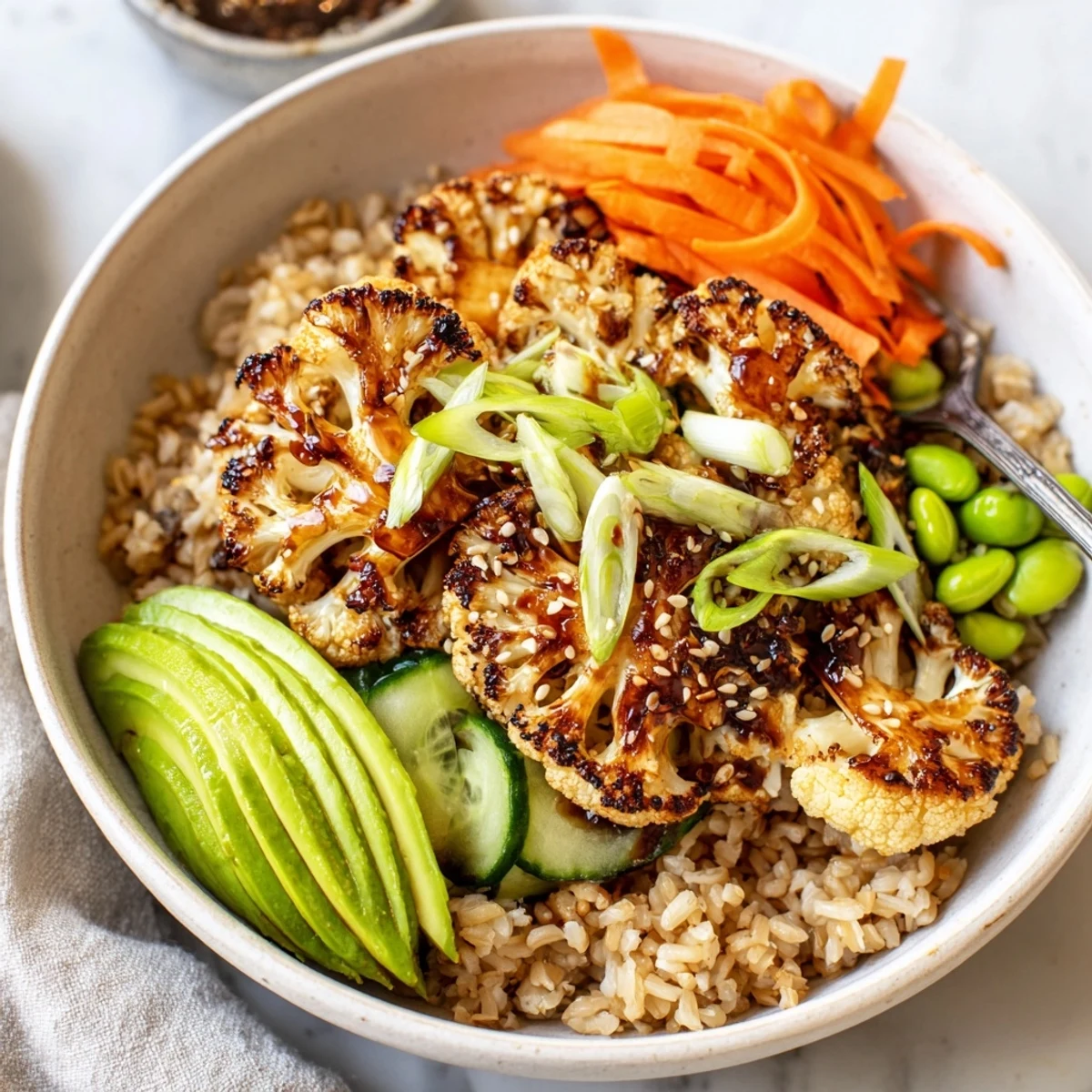Warm Teriyaki Cauliflower Power Bowls served immediately, oven-roasted cauliflower and tangy sauce