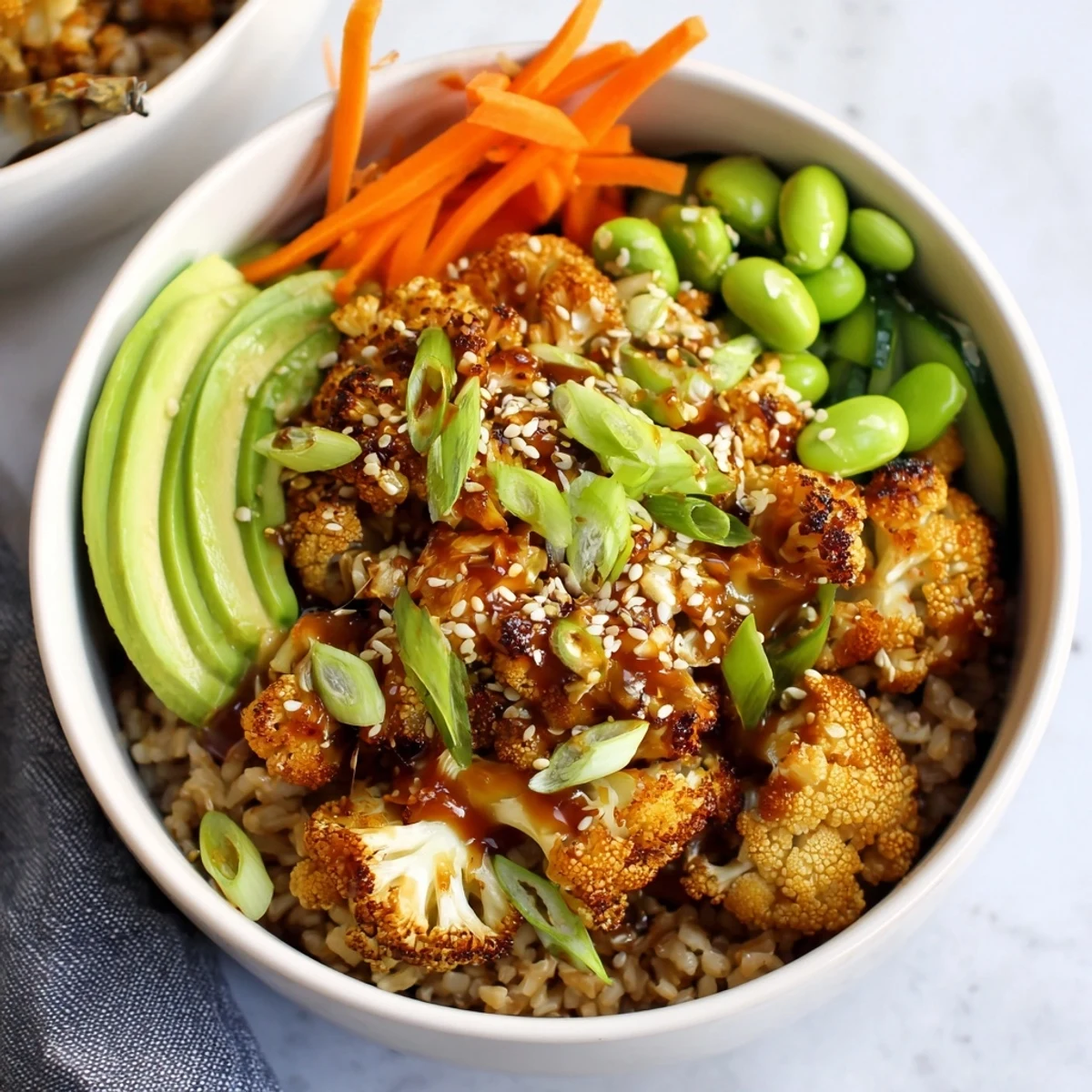 Bright Teriyaki Cauliflower Power Bowls topped with avocado, sesame seeds, vibrant vegetables