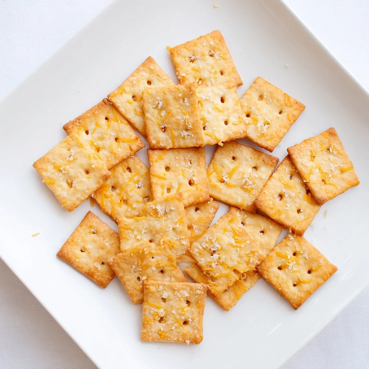 Golden sourdough cheddar snack crackers arranged on a wooden board with coarse salt sprinkled on top