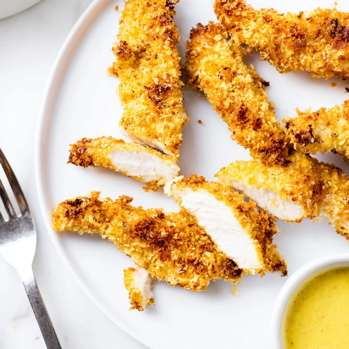 Golden crispy air fryer chicken tenders arranged on a white serving plate with fresh herbs