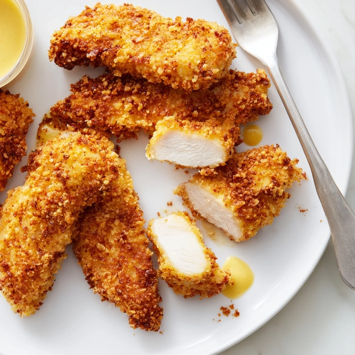 Juicy air fryer chicken tenders displaying golden brown panko coating and steam rising from the basket