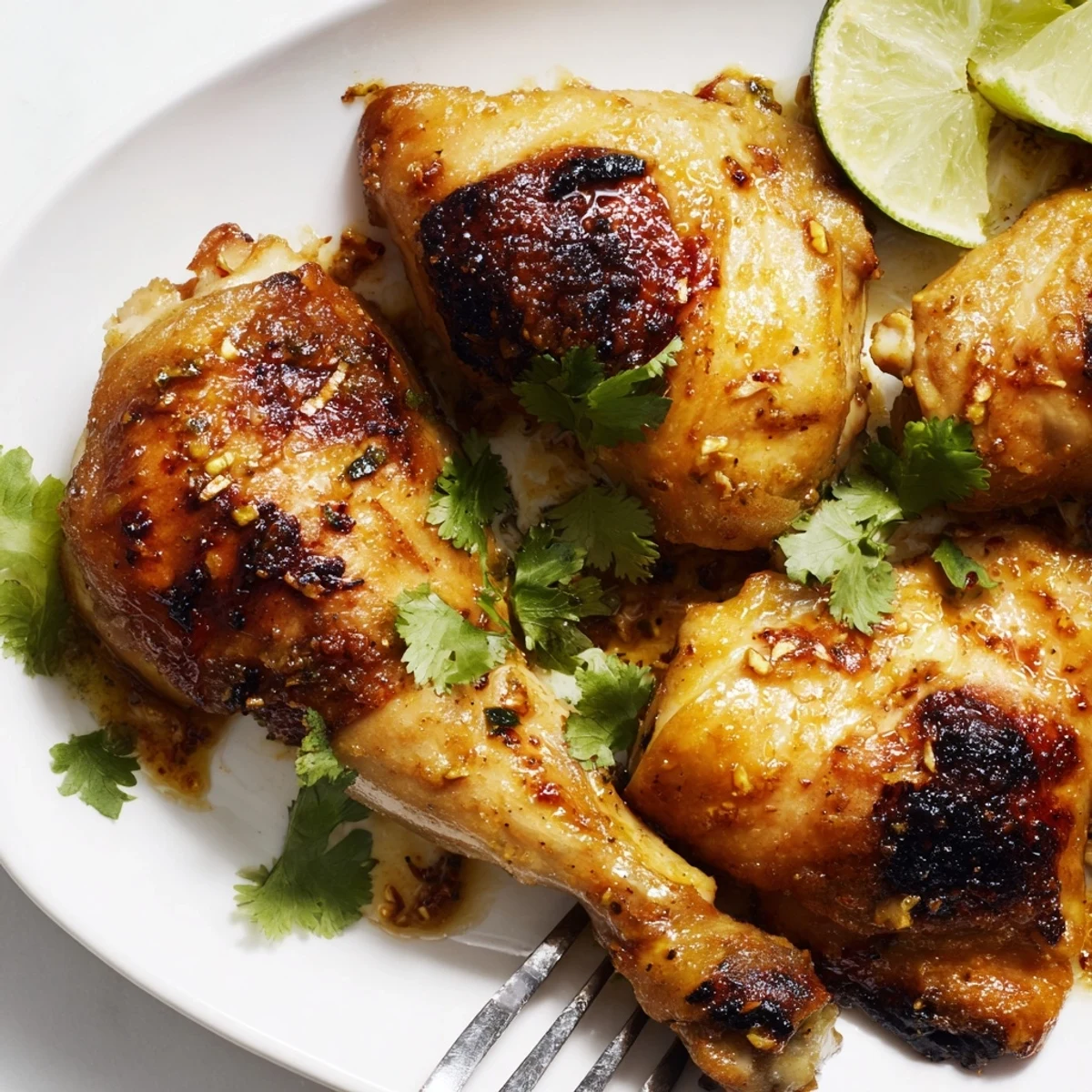 Golden roasted Ina Garten Indonesian chicken with crispy skin and fresh cilantro garnish on white plate