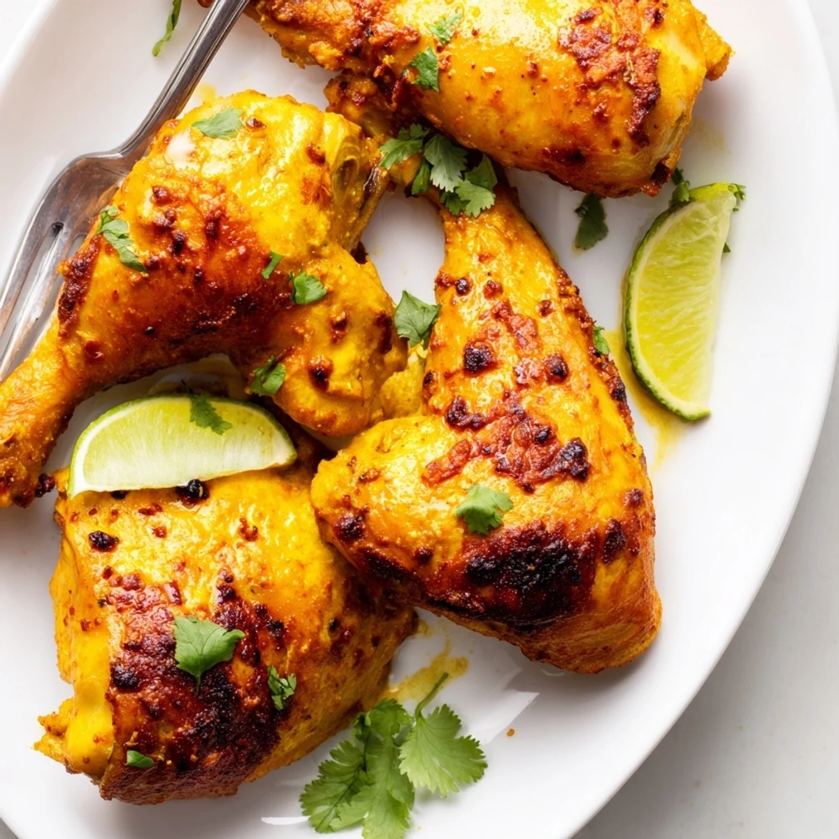 Tender coconut milk marinated Ina Garten Indonesian chicken thighs served with steamed jasmine rice and lime
