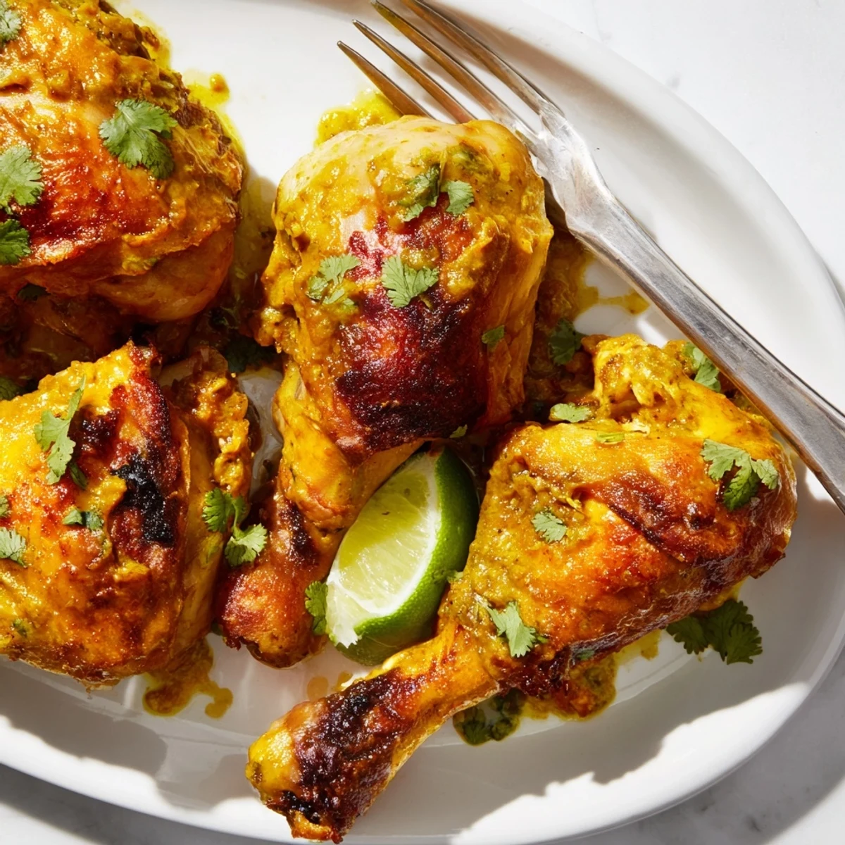 Oven-baked Ina Garten Indonesian chicken basted in fragrant spice marinade with cilantro and lime wedges