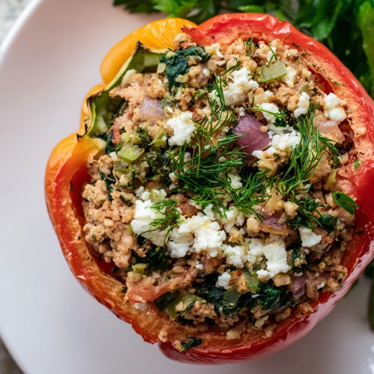Golden baked ground chicken Greek stuffed peppers filled with feta cheese and fresh herbs