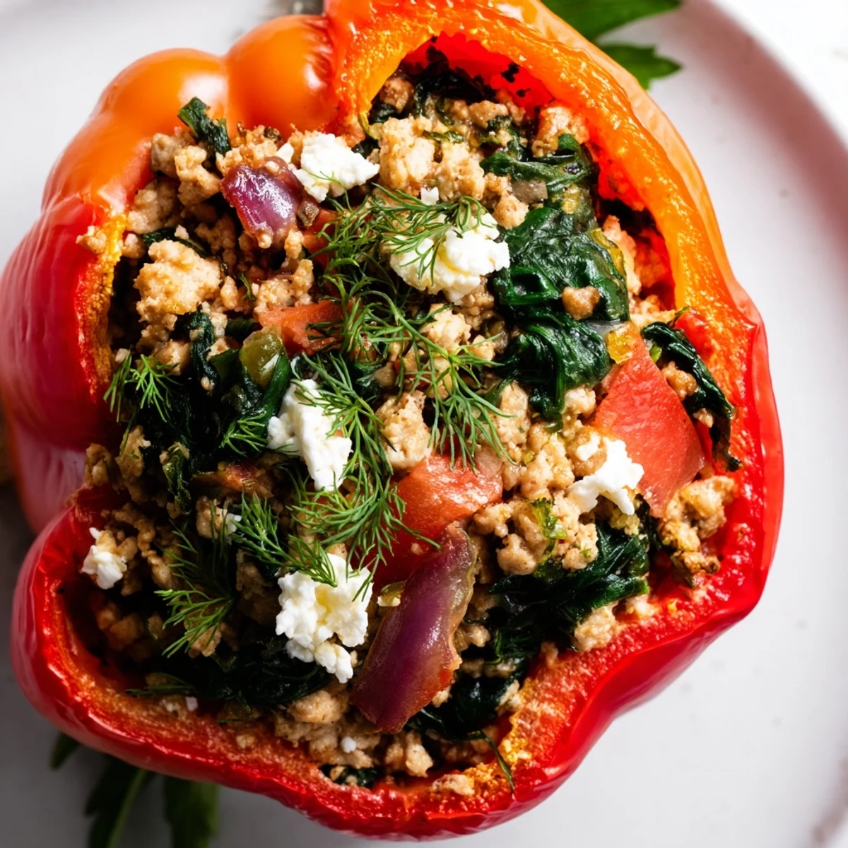 Gluten-free ground chicken Greek stuffed peppers topped with crumbled feta and dill, ready to serve