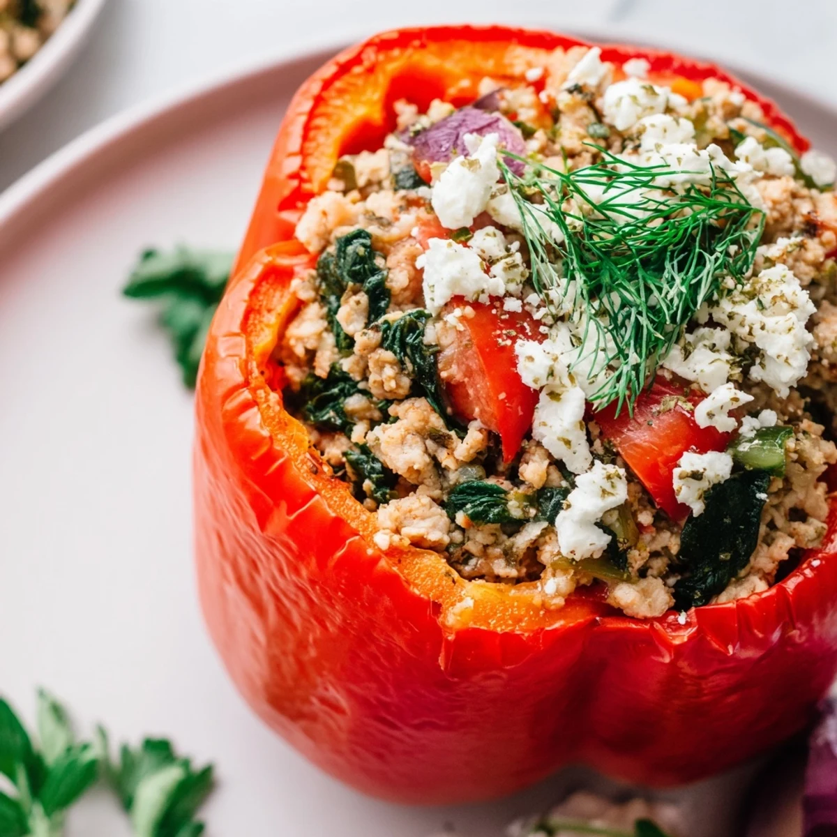 Tender bell peppers overflowing with savory ground chicken mixture and Mediterranean vegetables on a white plate