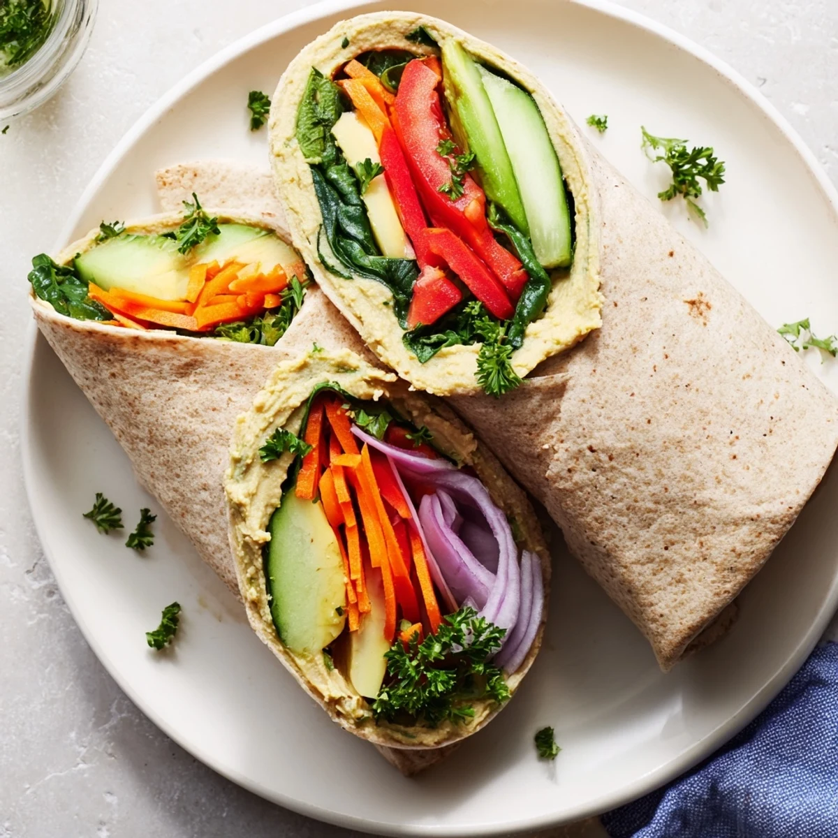 Golden whole wheat tortilla wrapped around creamy hummus with crisp colorful vegetables and fresh greens
