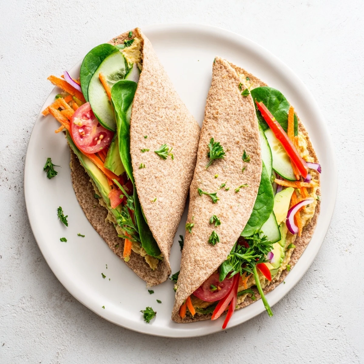 Mediterranean-style Heavenly Hummus Wrap recipe sliced diagonally revealing vibrant layers of cucumber bell pepper and spinach