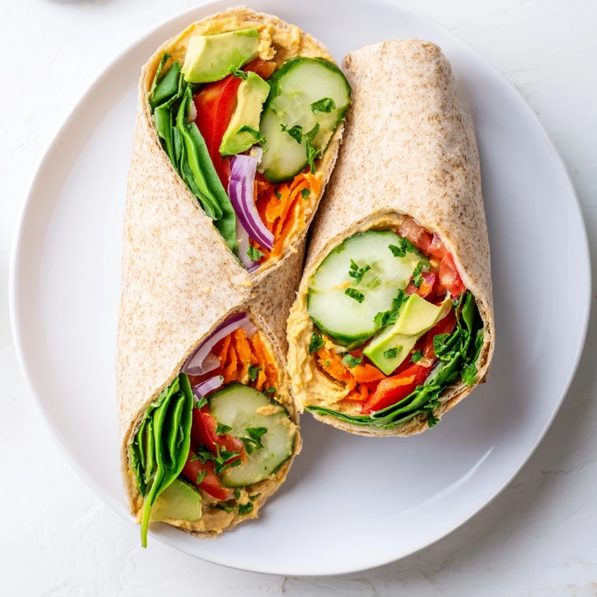 Plant-based lunch wrap featuring smooth hummus spread with crunchy julienned vegetables and tender baby spinach leaves