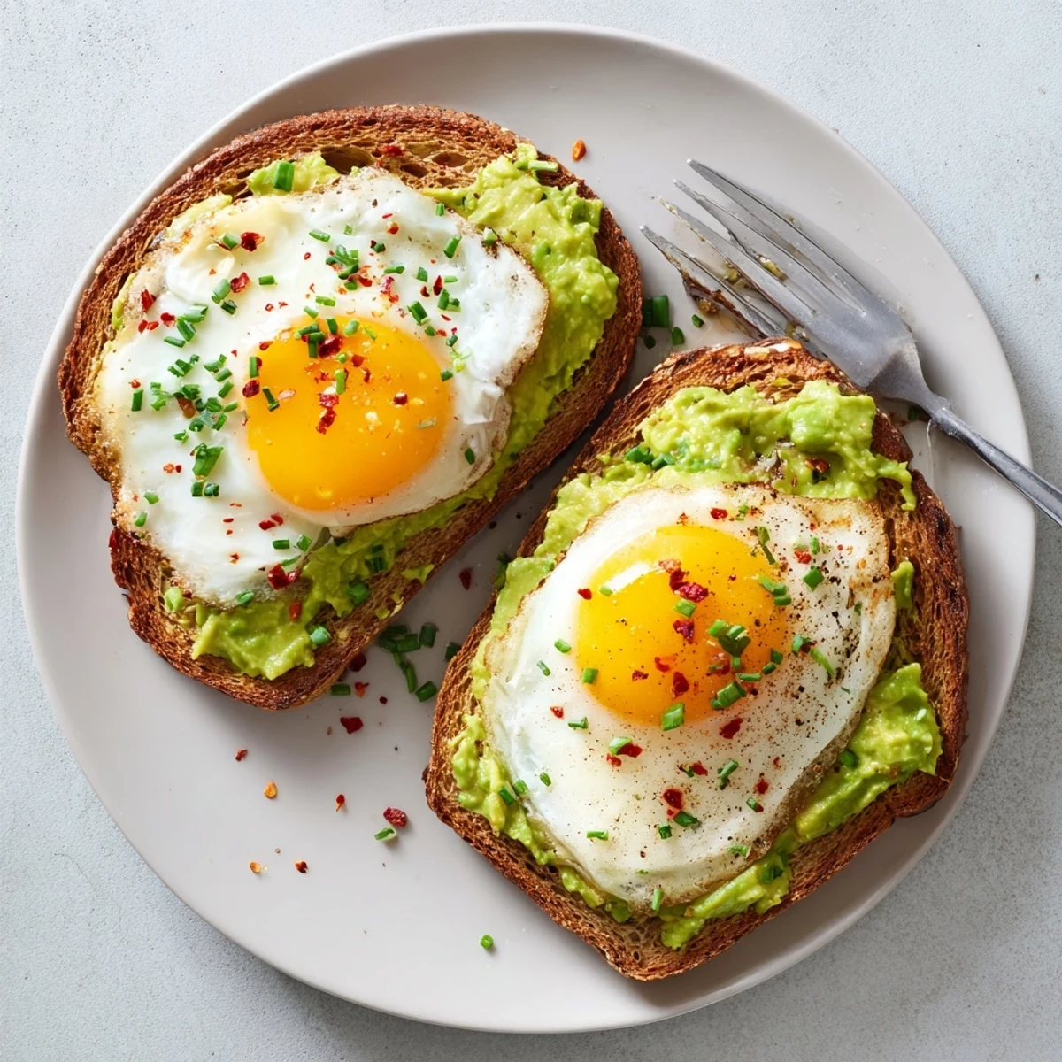 Golden toasted bread piled high with creamy mashed avocado and a perfectly cooked fried egg