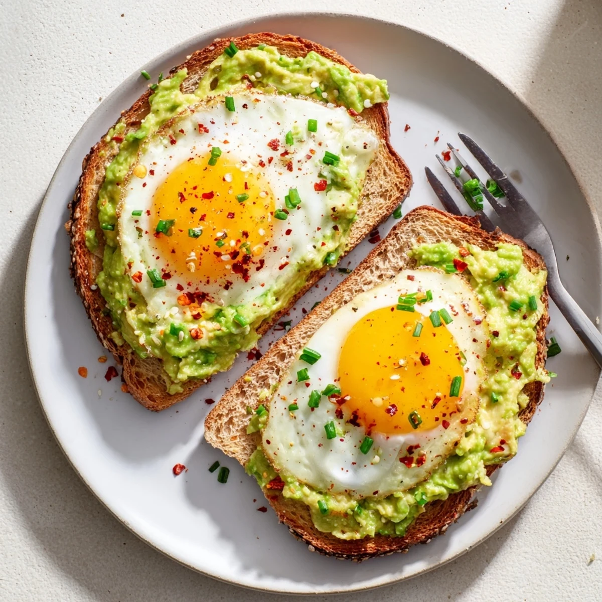 Hearty avocado toast featuring a soft poached egg atop whole grain bread with red pepper flakes