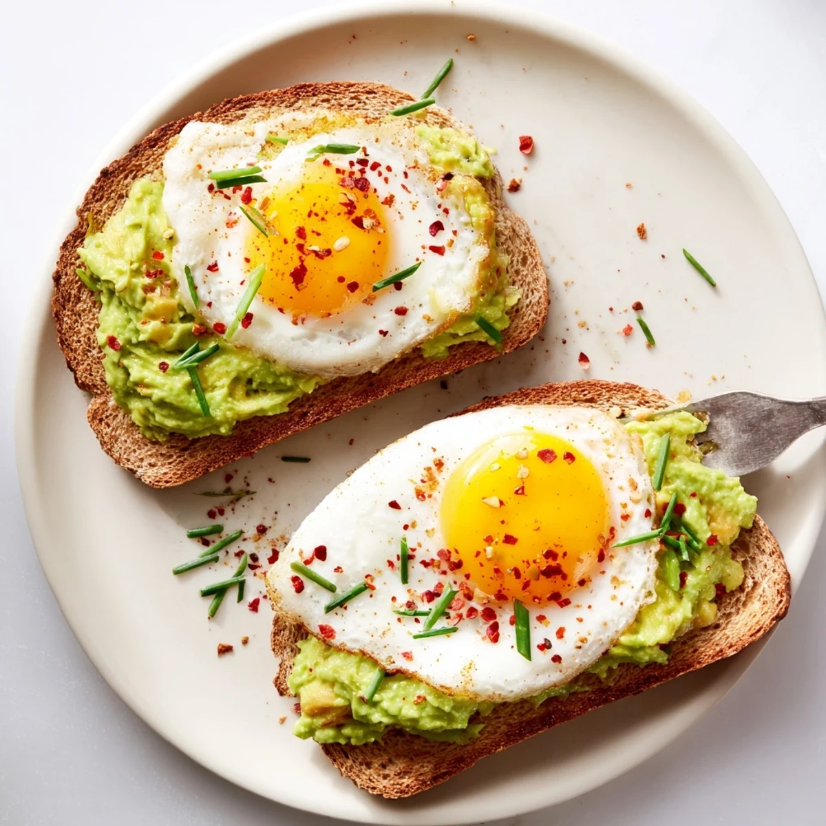 Breakfast plate showing two slices of sourdough topped with ripe avocado and sunny side up eggs