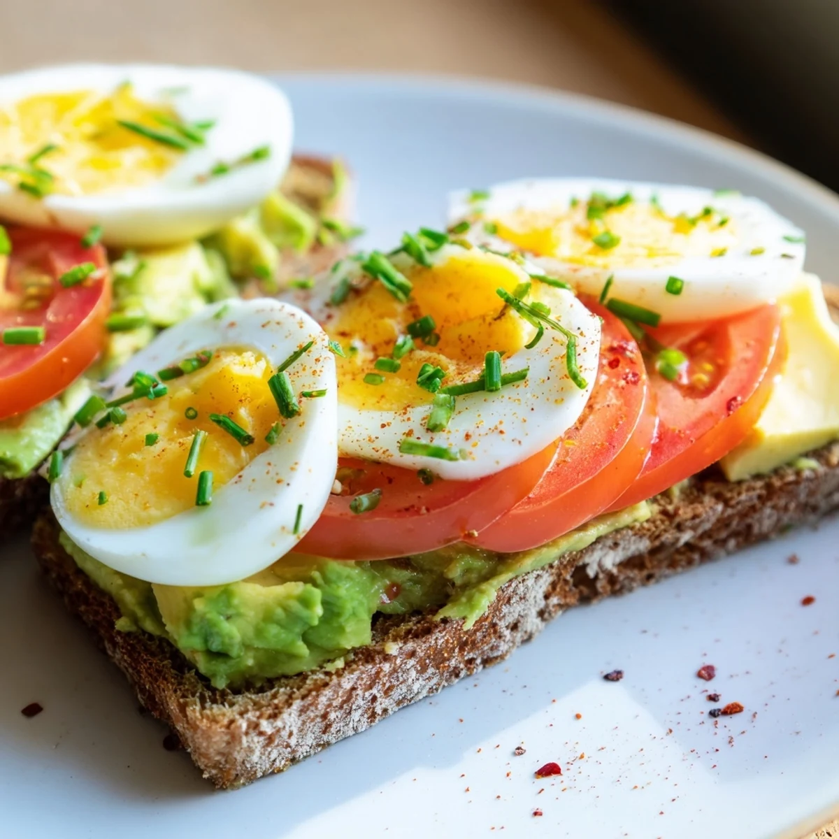 Creamy mashed avocado spread on crisp toast with tomato and egg layers