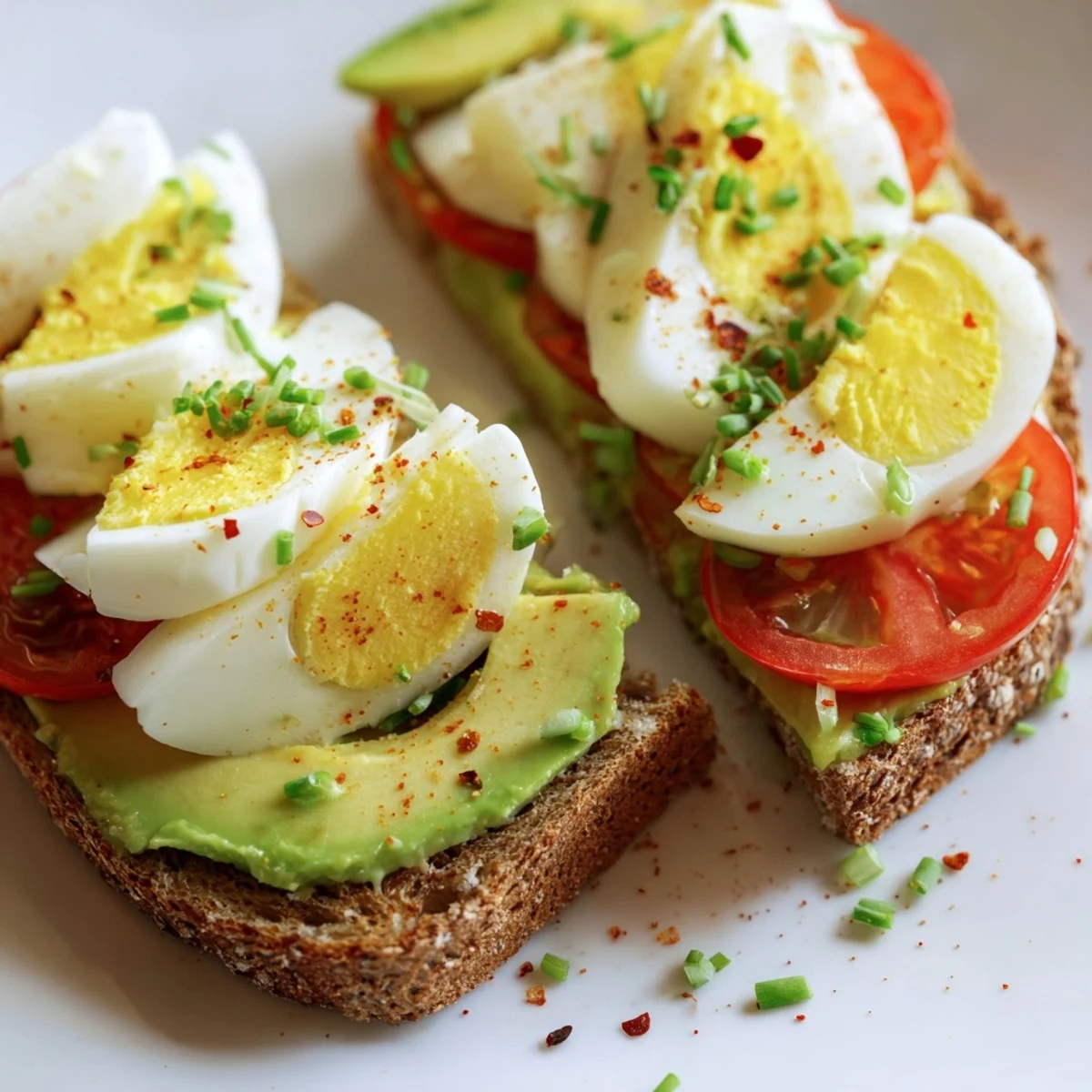 Golden avocado toast topped with sliced hard-boiled eggs and juicy ripe tomato