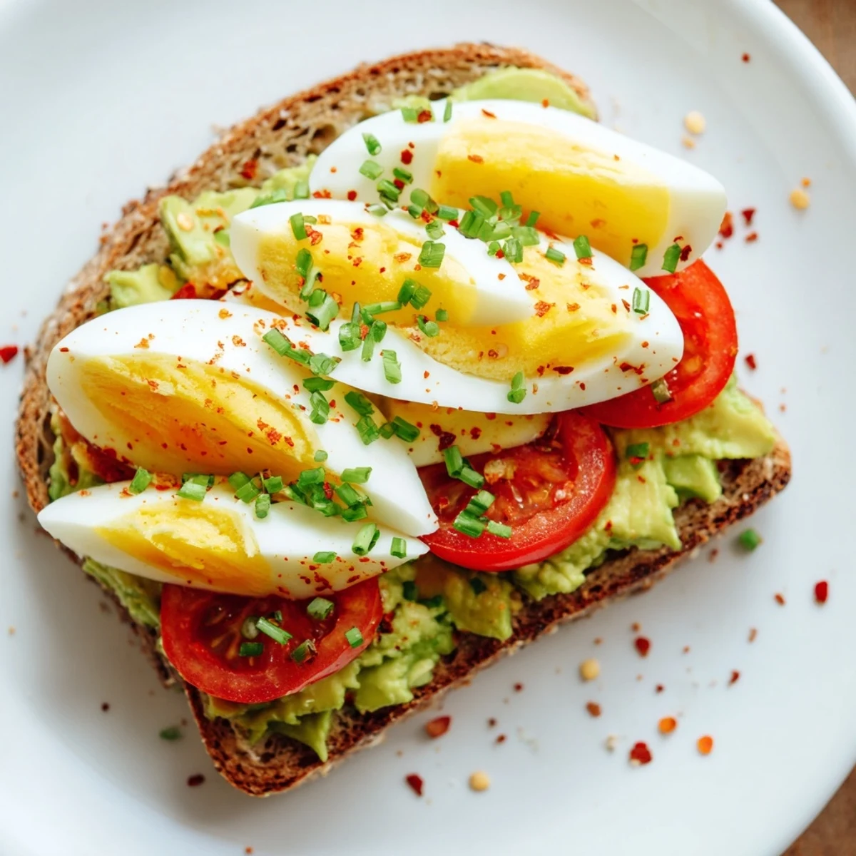 Protein-rich avocado toast with tomato and hard-boiled egg for satisfying breakfast