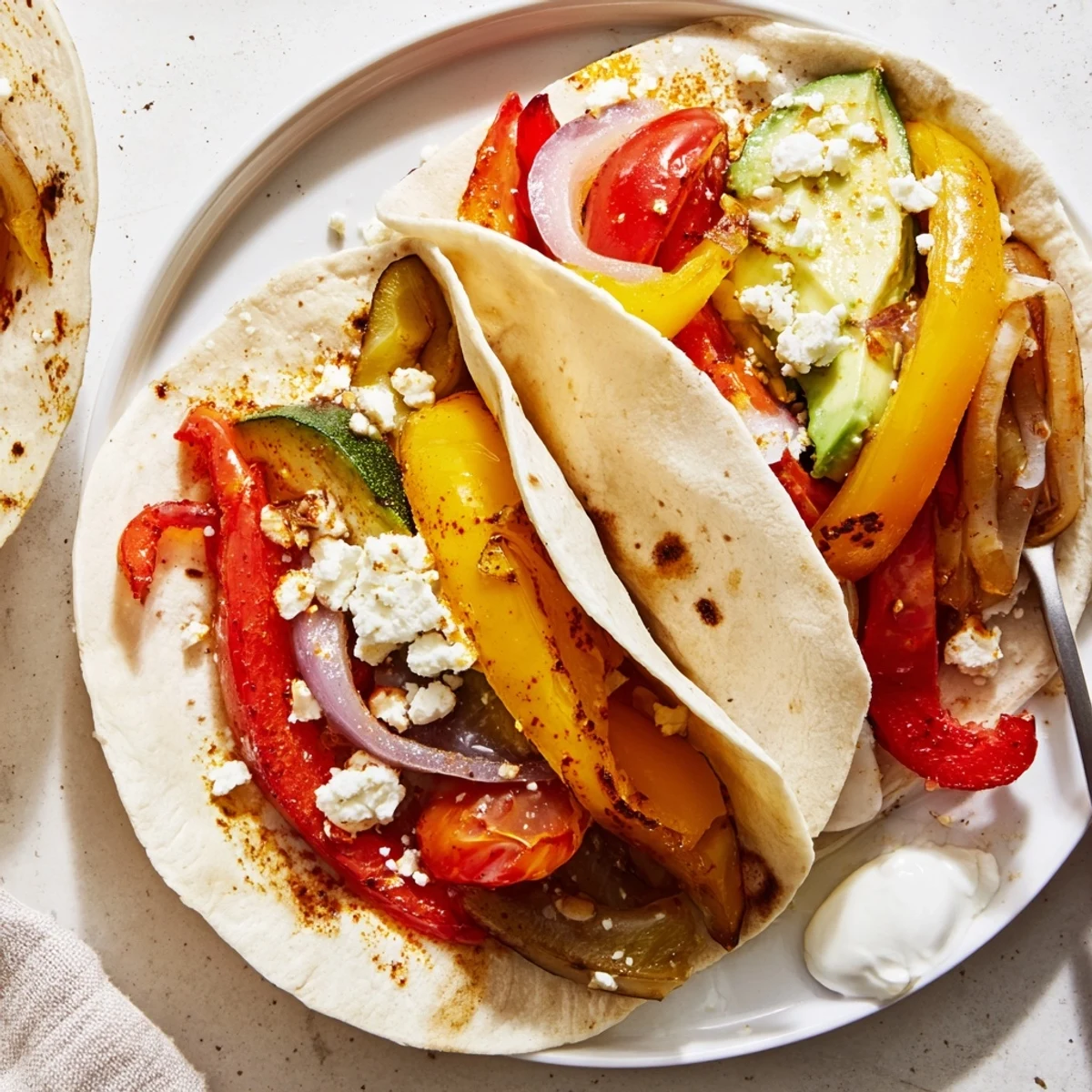Roasted Tajin Feta Sheet Pan Fajitas atop warm tortillas, lime wedges