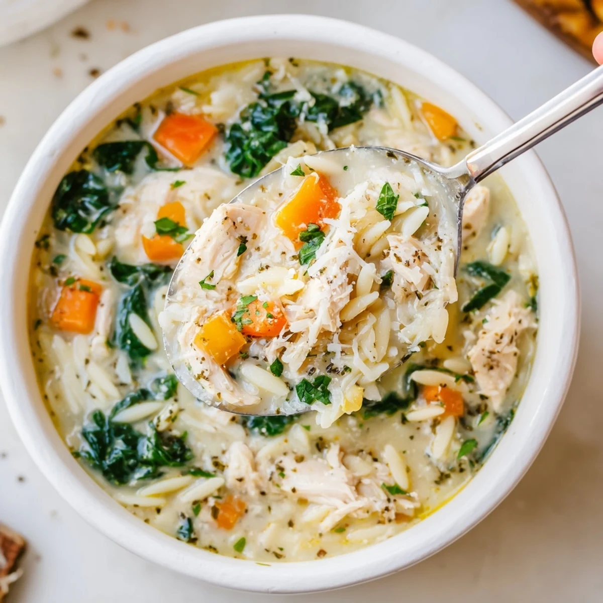 Creamy Chicken Florentine Soup With Orzo steaming in bowls, tender chicken, wilted spinach