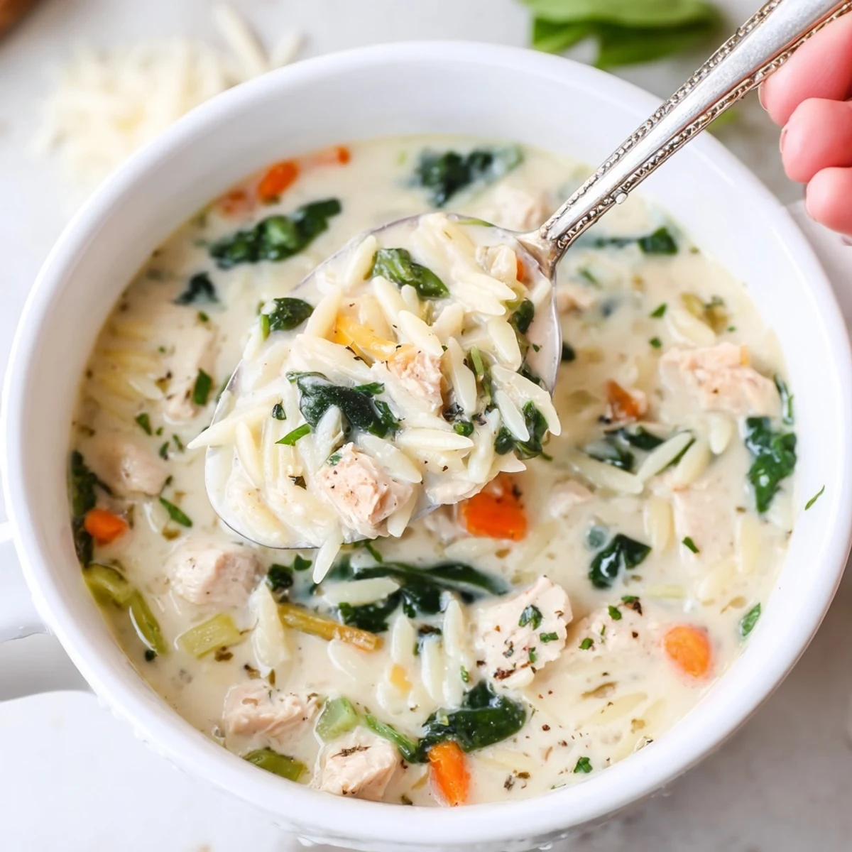 Creamy Chicken Florentine Soup With Orzo simmering in Dutch oven, garlic and herb aroma