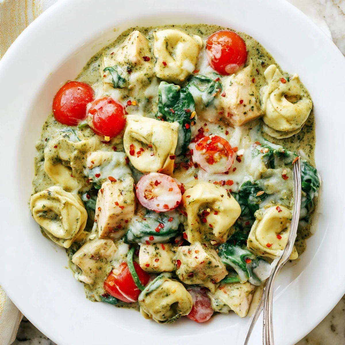 Slow Cooker Tortellini Casserole With Cheesy Chicken Pesto, creamy and bubbling, steam rising