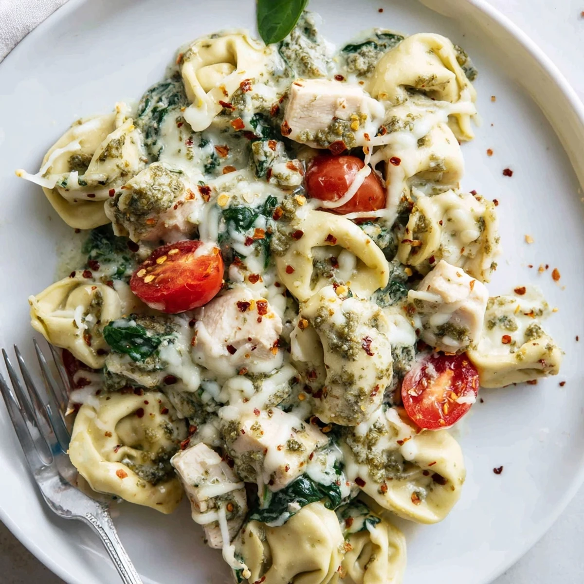 Warm Slow Cooker Tortellini Casserole With Cheesy Chicken Pesto served with crusty bread
