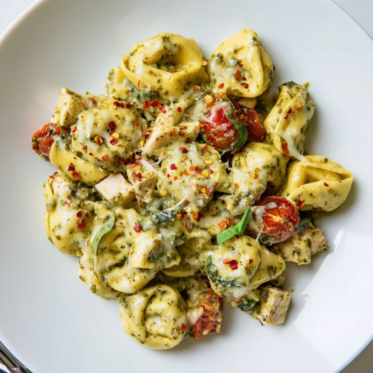Spoon-ready Slow Cooker Tortellini Casserole With Cheesy Chicken Pesto, tender tortellini, melty cheese