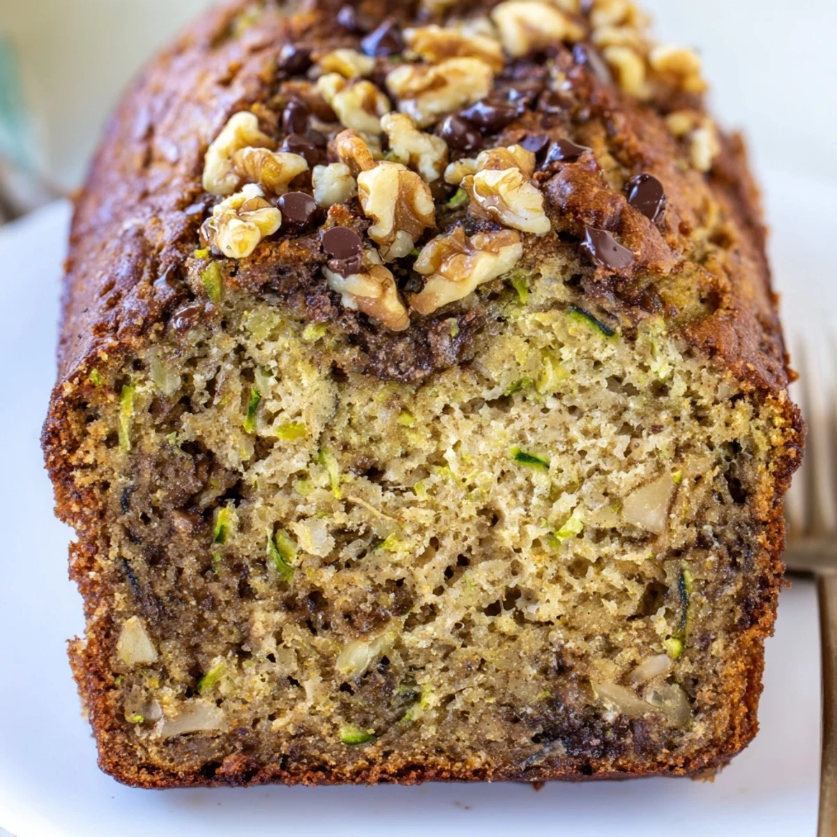 Warm sliced Zucchini Banana Bread on a rack, moist crumb, cinnamon aroma