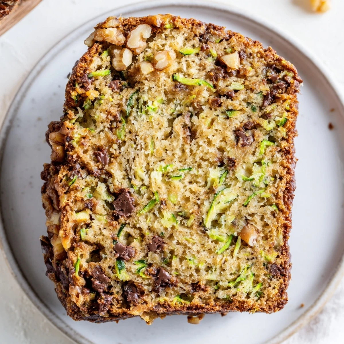 Toasted Zucchini Banana Bread with melted butter, speckled with chopped walnuts