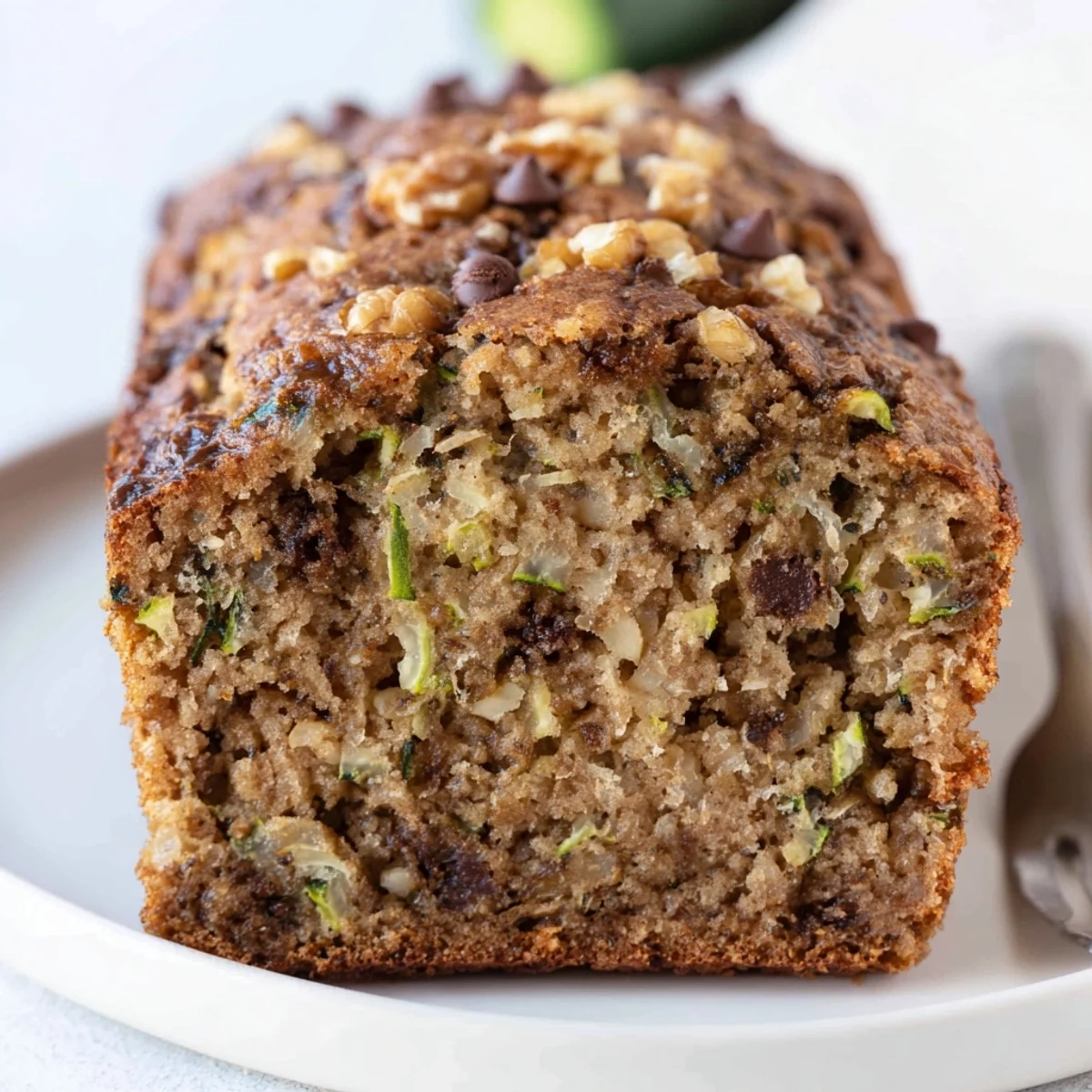 Loaf of homemade Zucchini Banana Bread cooling, tender slices and flecks
