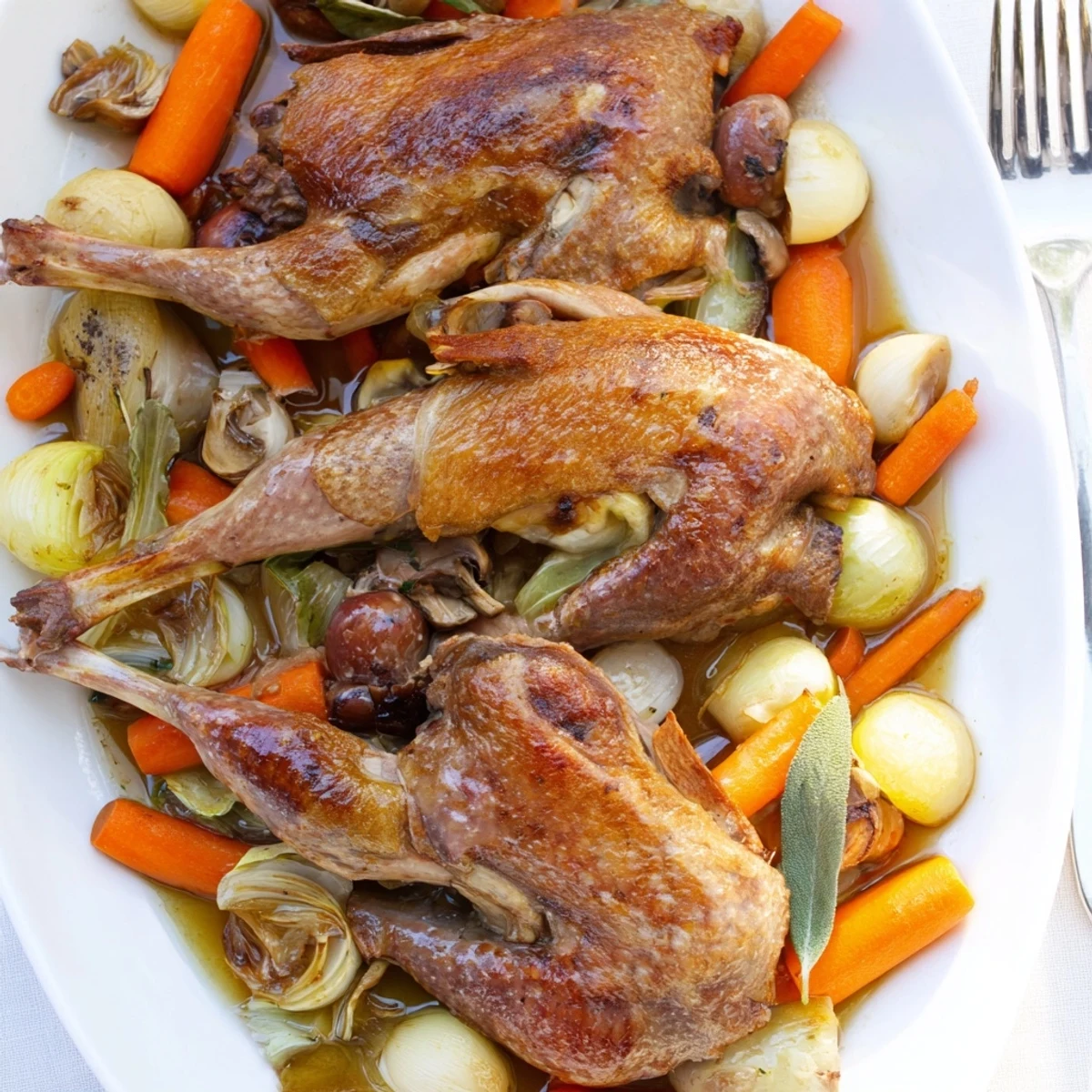 Crispy Braised Duck With Savory Vegetables, golden skin over braised root vegetables