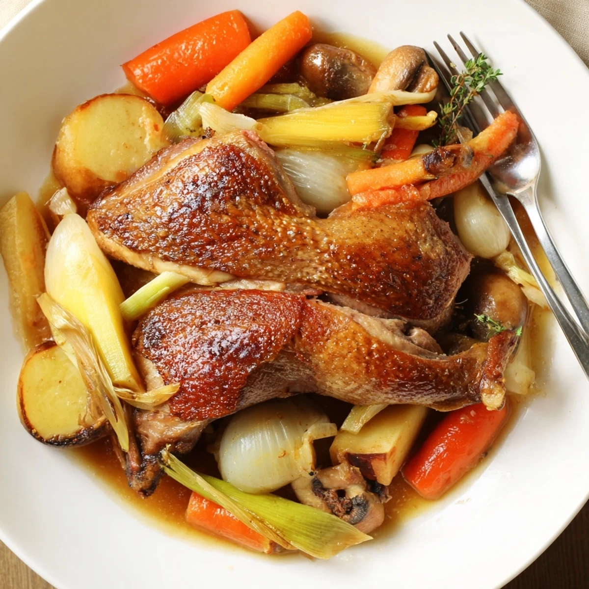 Weeknight Crispy Braised Duck With Savory Vegetables, aromatic thyme and caramelized shallots