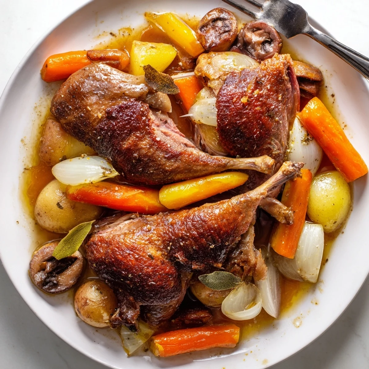 Plated Crispy Braised Duck With Savory Vegetables, tender meat and glossy jus