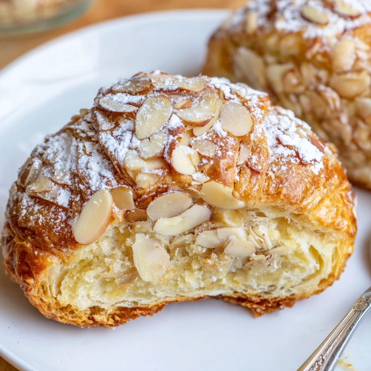 Almond Croissant Cookies with golden edges, sliced almonds, powdered sugar dusting.
