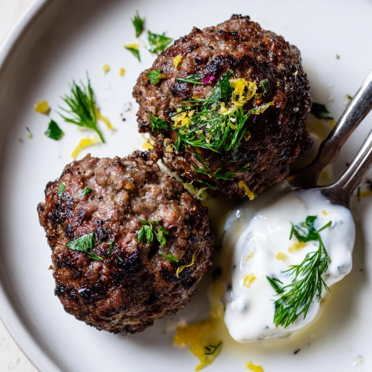 Warm Greek Style Beef Meatballs with parsley and lemon zest, pita at side.