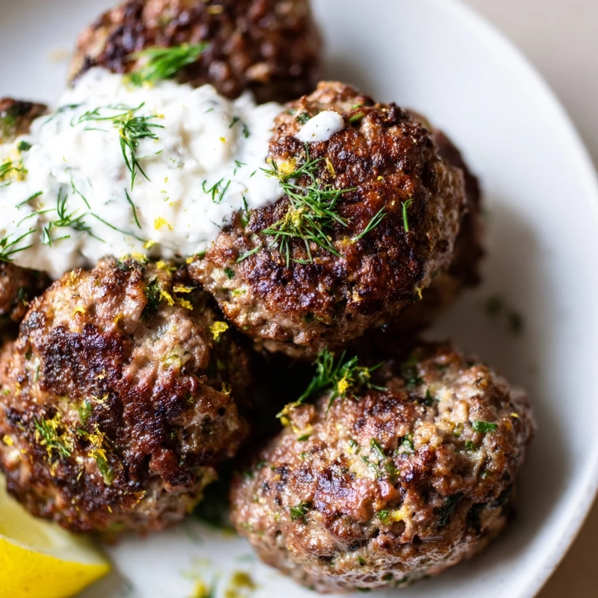 Pan-fried Greek Style Beef Meatballs releasing savory aromas, paired with dill yogurt.