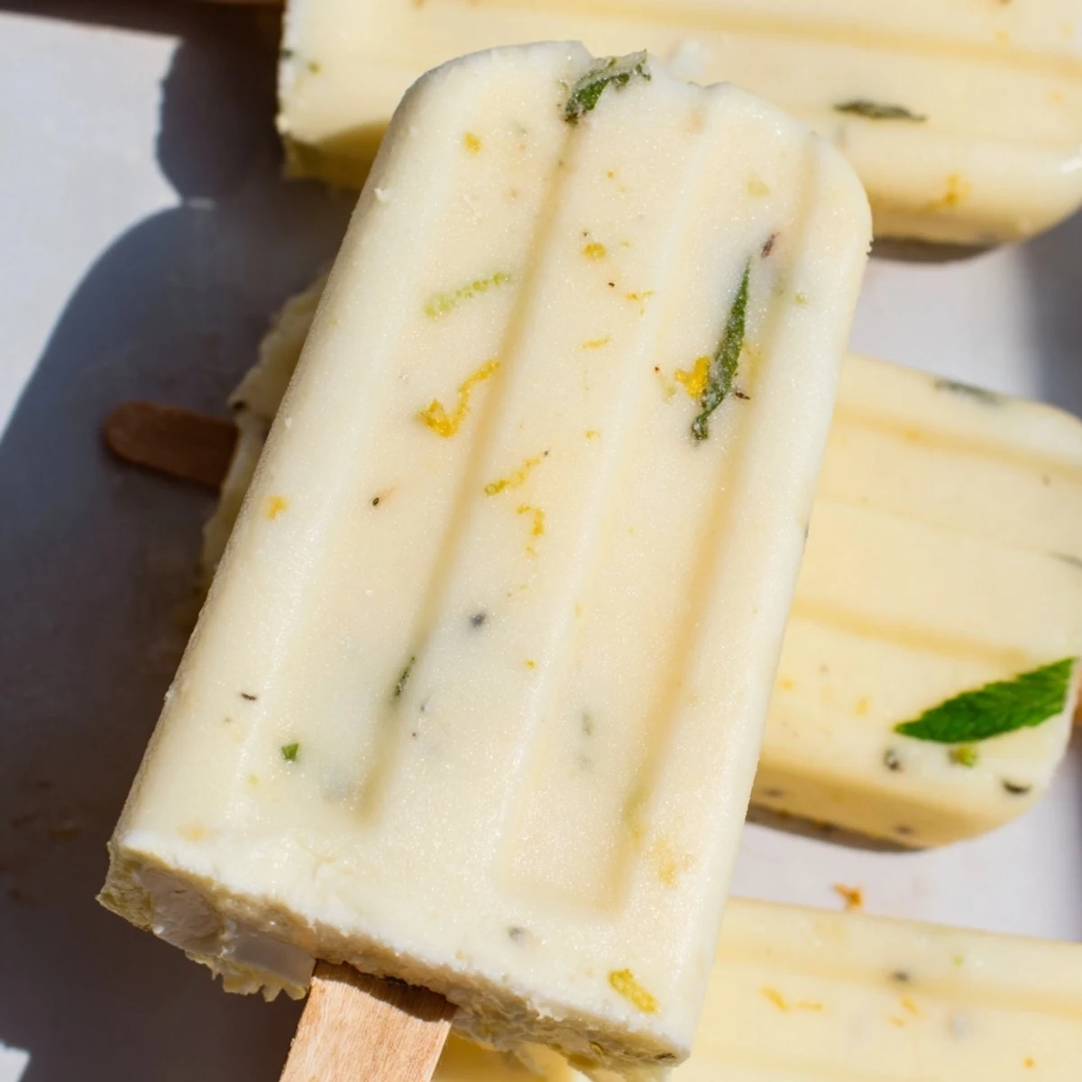 Homemade zesty frozen lemon yogurt popsicles arranged on rustic wooden board with mint sprigs