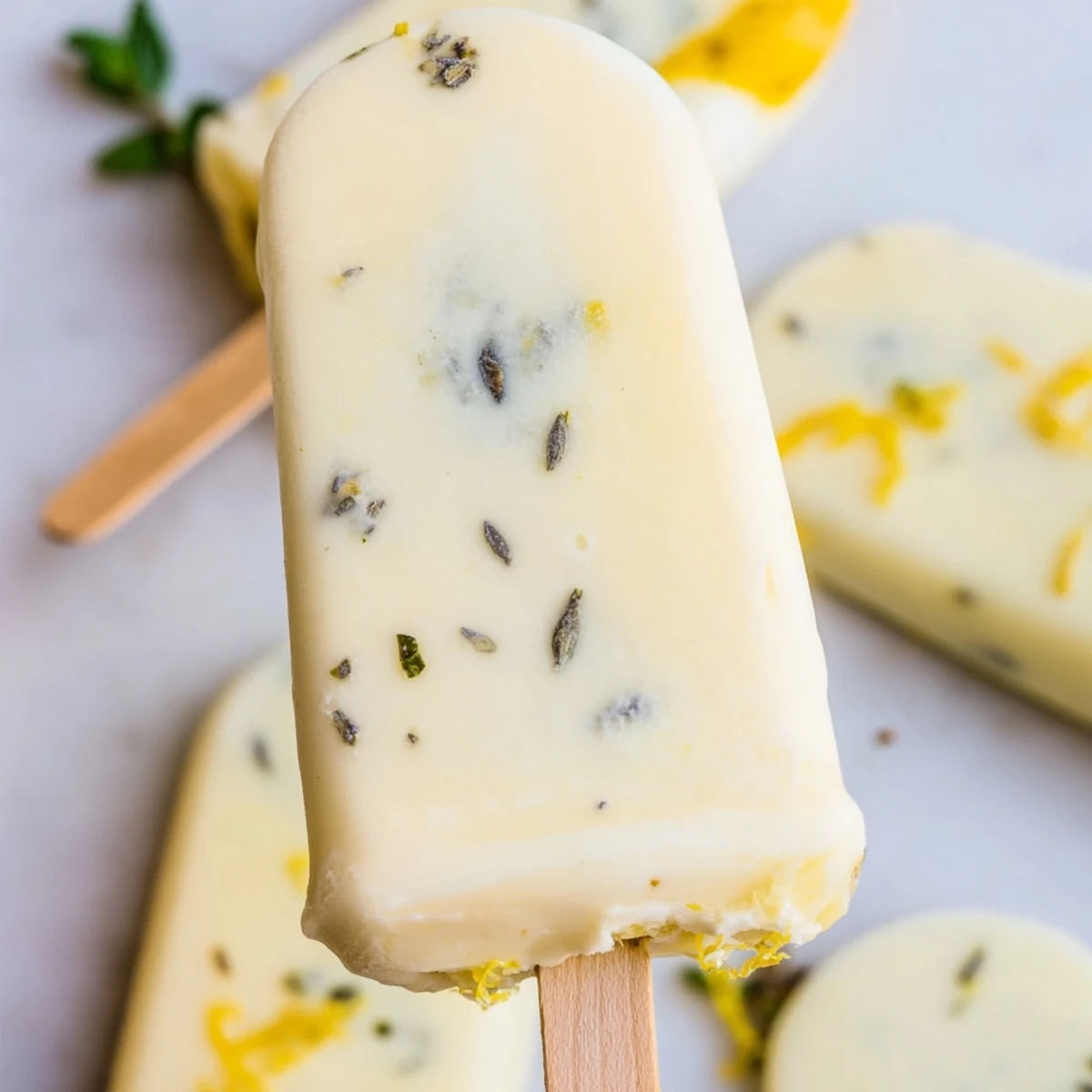 Creamy Greek yogurt lemon popsicles cooling in molds with vibrant yellow citrus slices on top