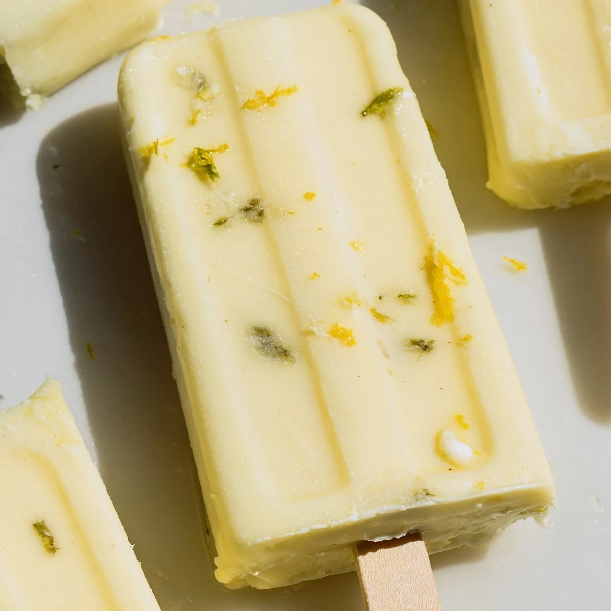 Frozen lemon yogurt popsicles with creamy white swirls and fresh lemon zest garnish on wooden sticks