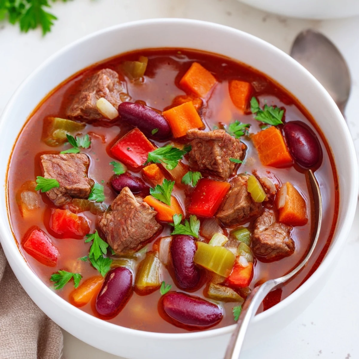Steaming bowl of savory beef and bean soup delight topped with fresh parsley, served alongside crusty bread for a comforting meal