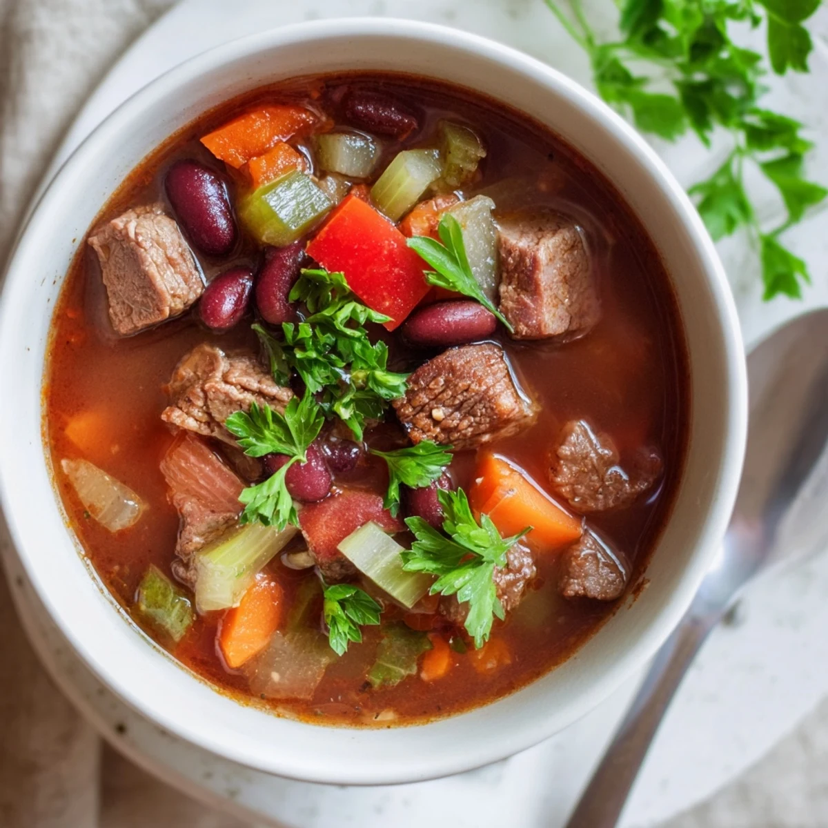 Hearty beef and bean soup delight simmering with tender beef cubes, kidney beans, and colorful vegetables in a rich broth