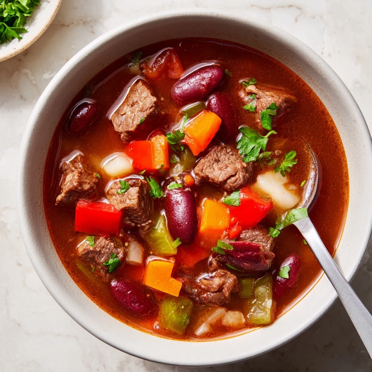 Close-up of beef and bean soup delight featuring chunky vegetables, beans, and seasoned beef in a thick, flavorful red broth