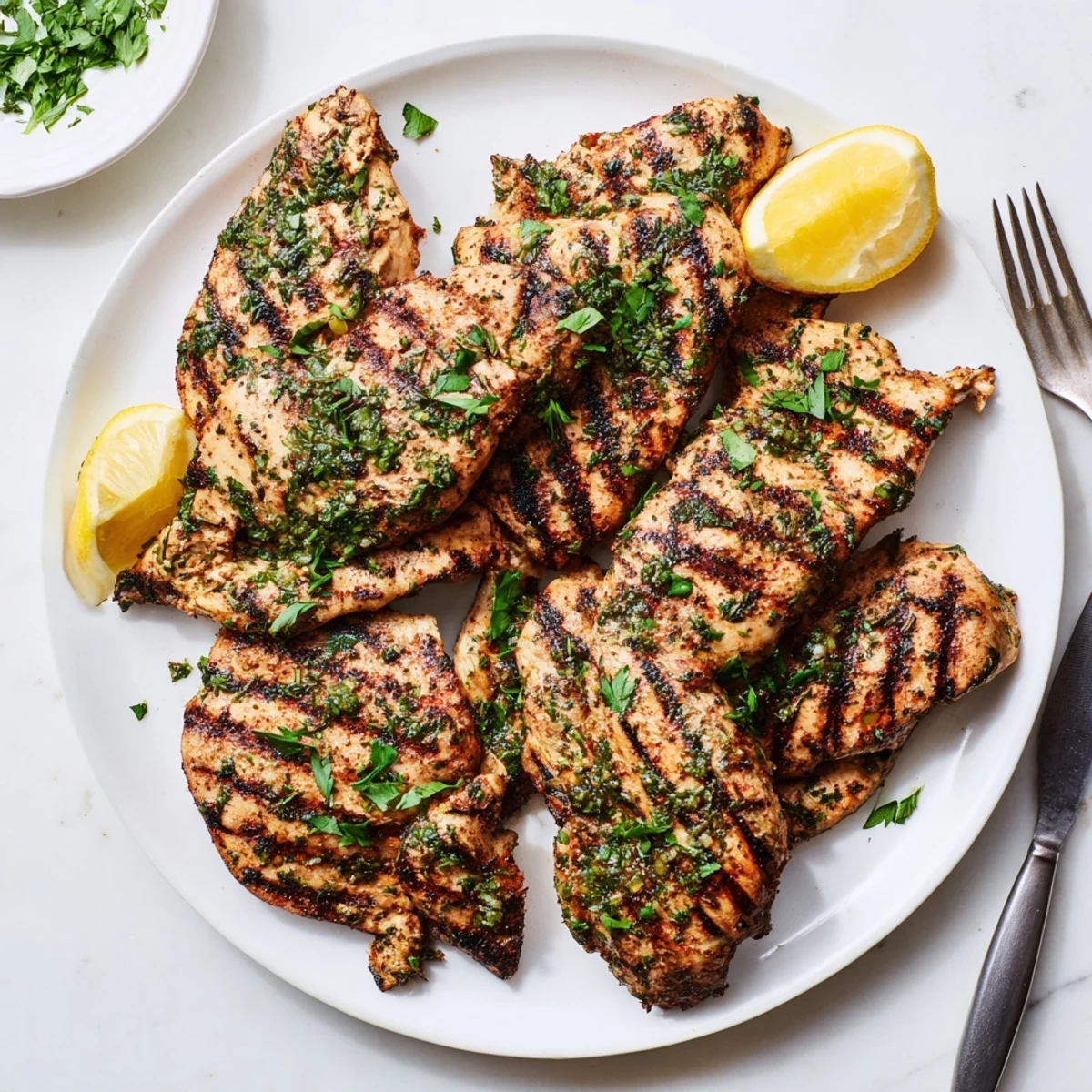Golden brown herb rubbed grilled chicken breasts resting on a white platter with fresh lemon wedges
