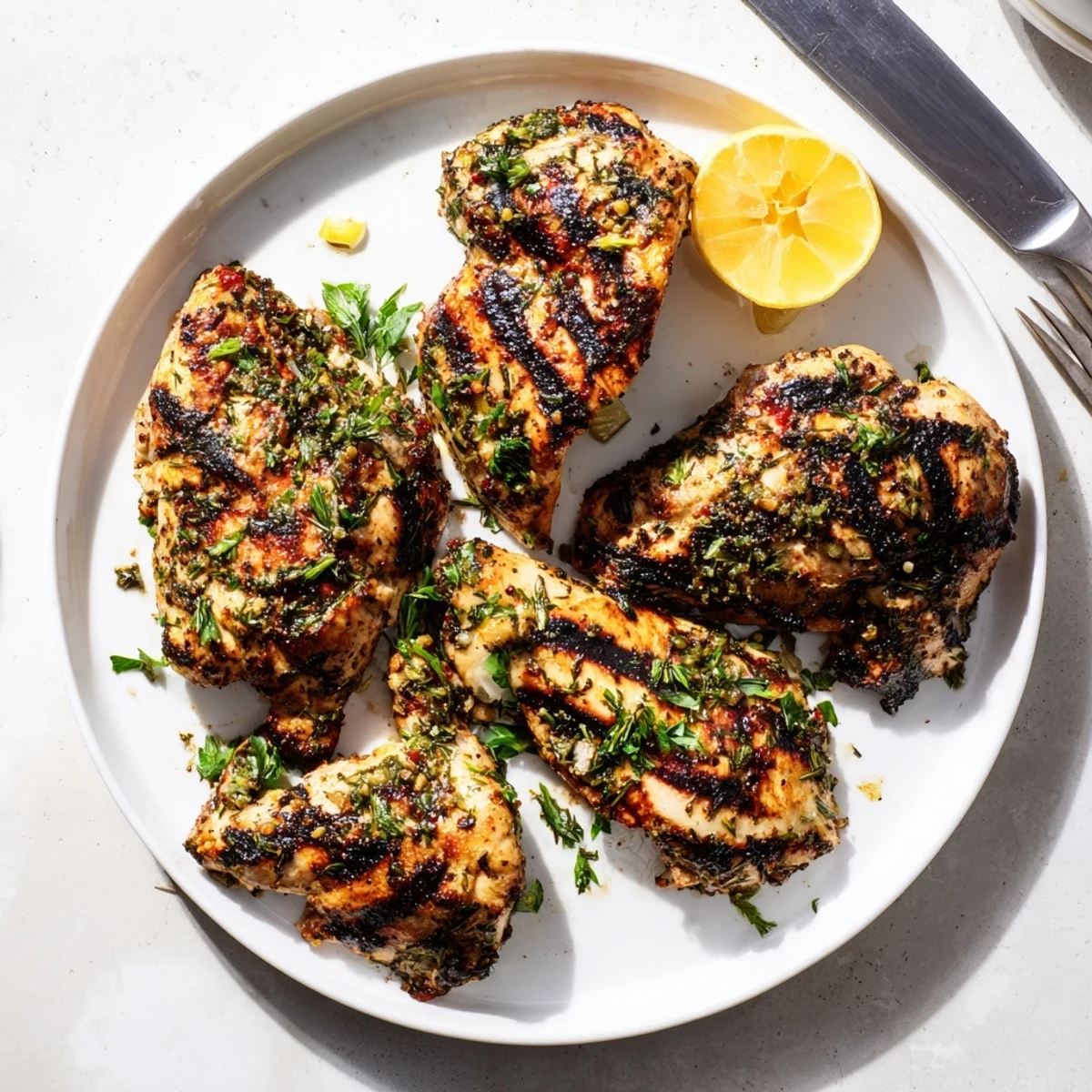 Perfectly charred savory herb chicken with visible rosemary and thyme seasoning on a rustic wooden board