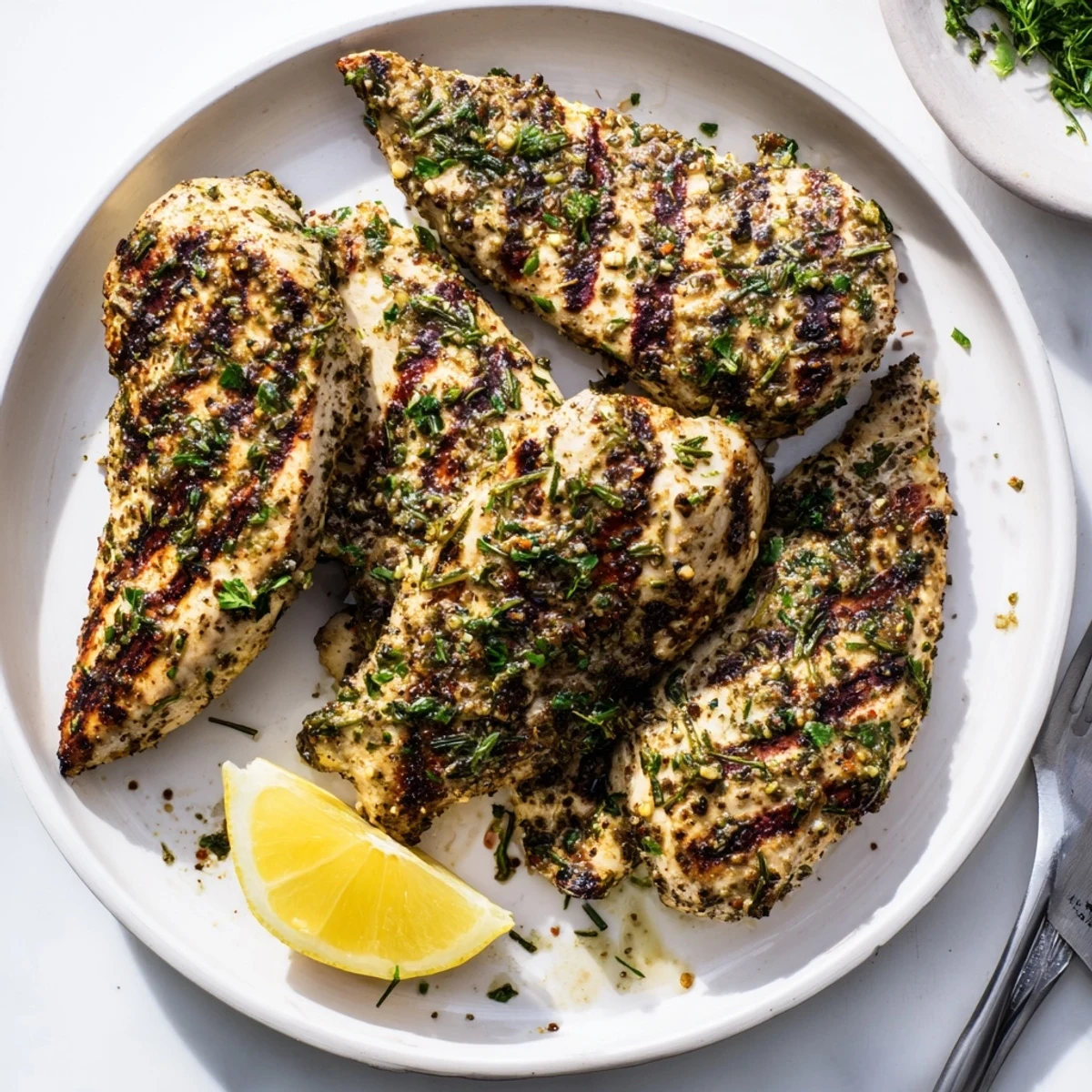 Juicy grilled chicken seasoned with aromatic herbs and spices garnished with chopped fresh parsley