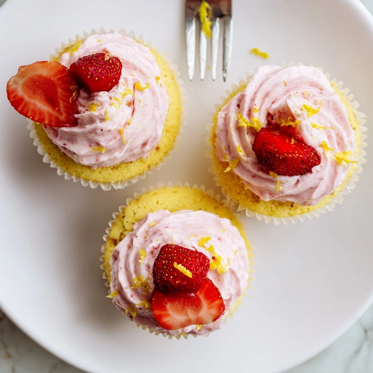 Close up of strawberry lemonade cupcakes with swirled pink frosting and fresh strawberry toppings on a serving platter